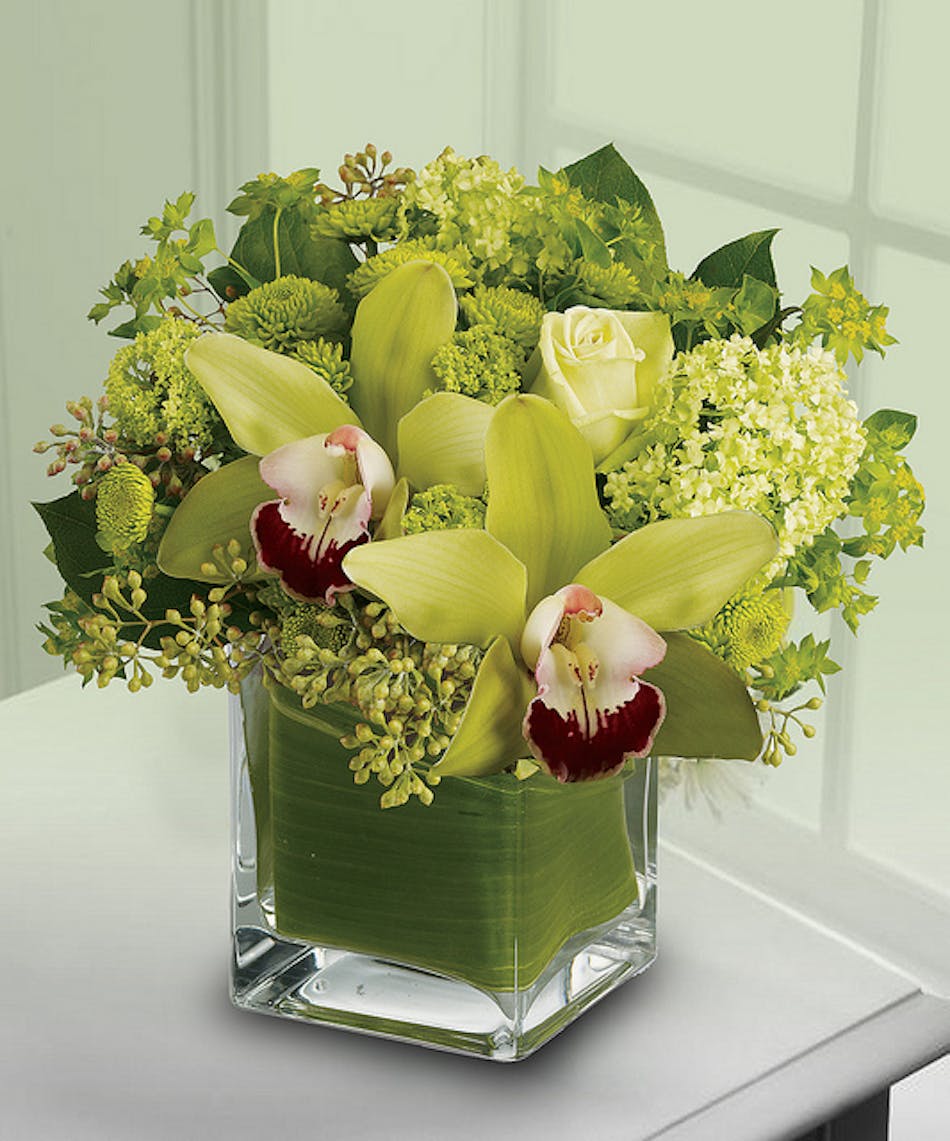 Flowers in shades of green in a green cube vase.